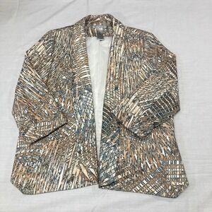 Alberto Makali Womens Abstract Geometric Open Front Blazer Tan Blue Brown Size M